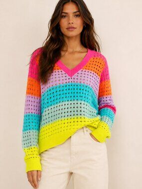 Brodie Cashmere Rainbow Stripe pointelle V Neck Sweater